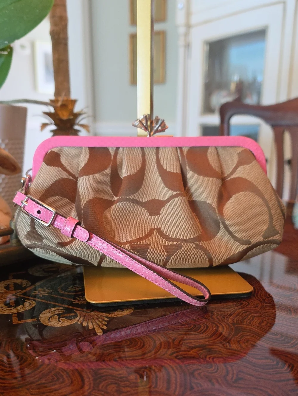 Coach PINK & Brown Signature Canvas Wristlet Pink Trim Pink Snakeskin Trim NWOT